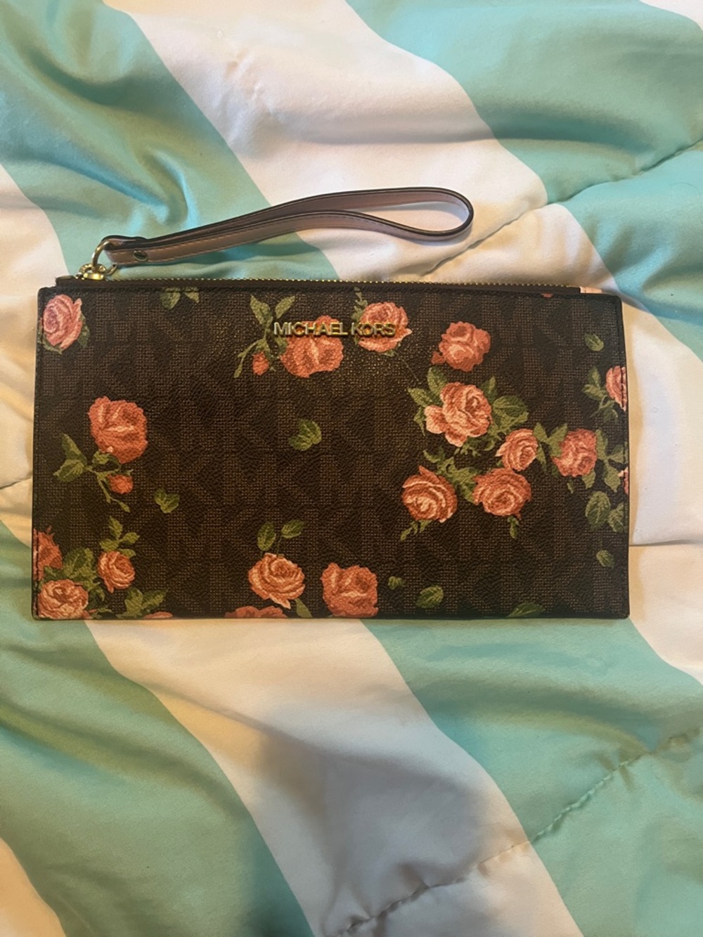 Michael Kors Floral Wristlet Clutch - Brown with Pink Roses